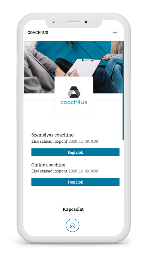a booked4.us online időpontfoglaló rendszerének példa kialakítása mobil nézetben, coaching és tanácsadói szolgáltatóknak