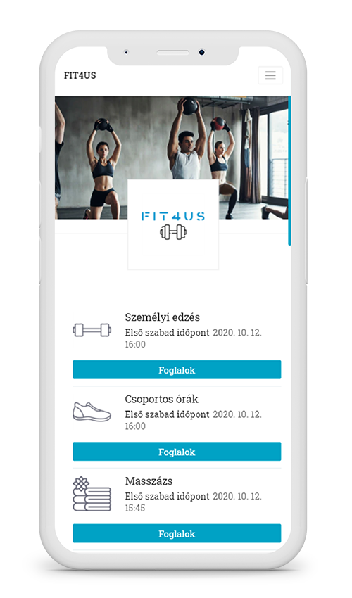 a booked4.us online időpontfoglaló rendszerének példa kialakítása telefonos nézetben, fitness iparágú szolgáltatóknak