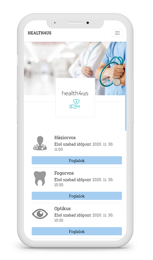 a booked4.us online időpontfoglaló rendszerének példa kialakítása mobil nézetben, egészségügyi szolgáltatóknak